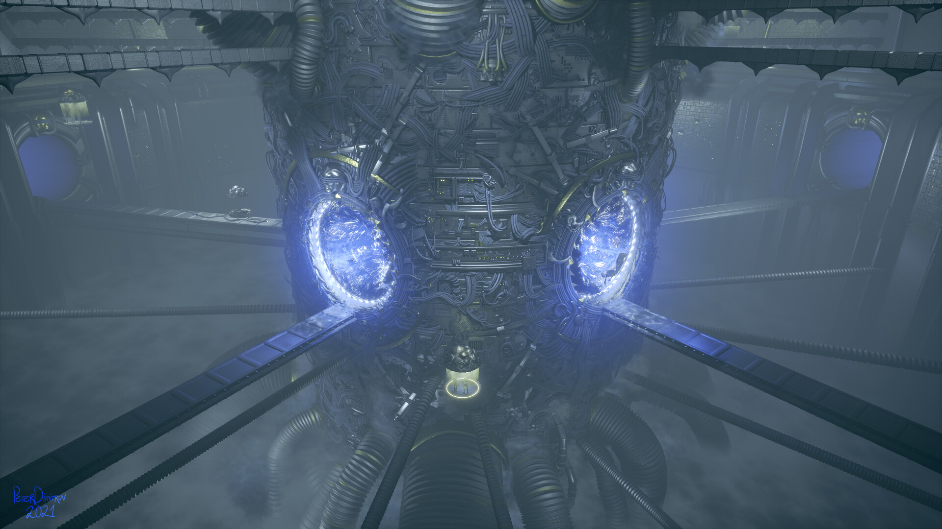 Screenshot from an angled, upper side of the megastructure. Reveals the clouds and vapour in the bottom.