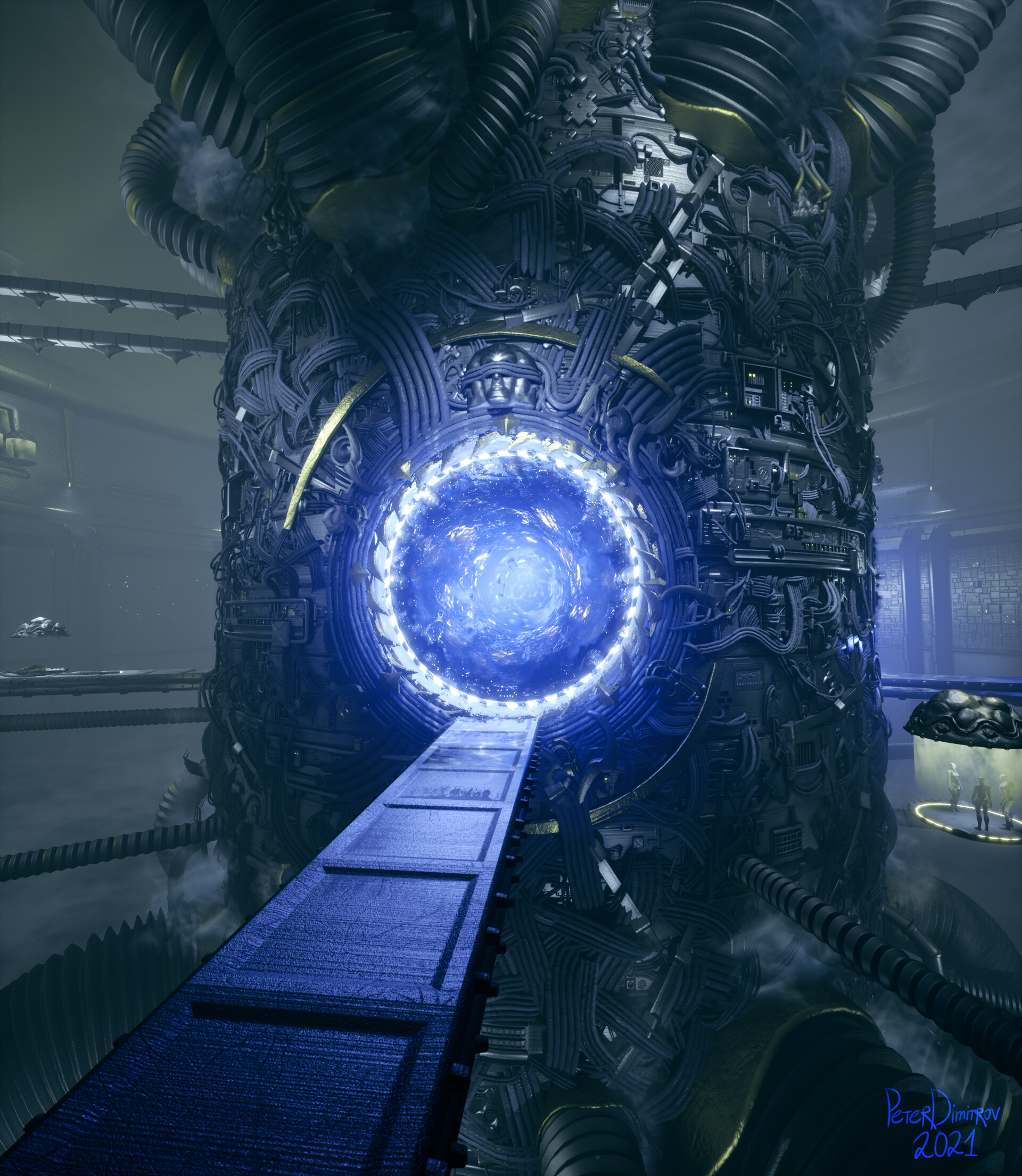 Portrait shot of the portal and the megastructure. A narrow, metal platform goes towards the portal. Its surface is lit in blue in a dramatic way. A small platform with people is to the right side.