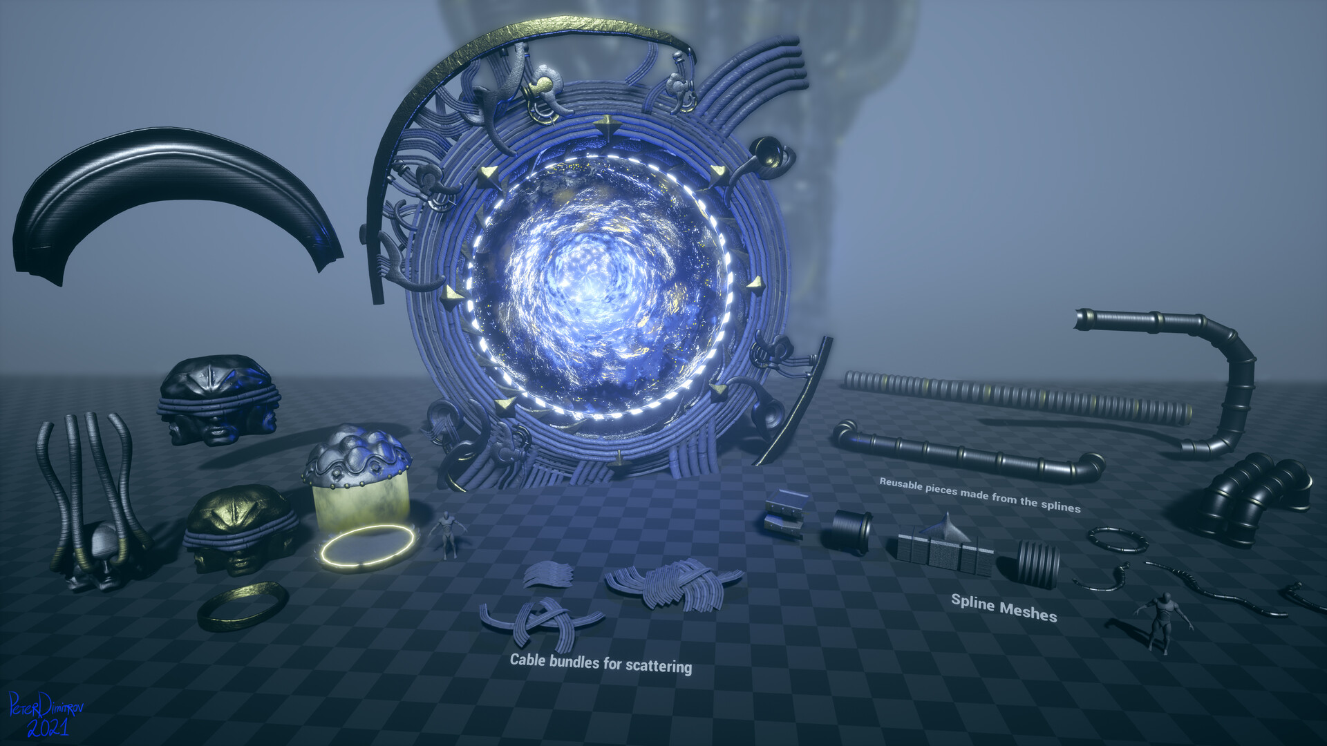 Another callout sheet. This time around the rest of the props used in the scene are overlaid on a checkerboard plane. These props consist of: portal, platforms, heads with eyes covers by cables, cable bundles for scattering, spline meshes, reusable pieces put into those splines.