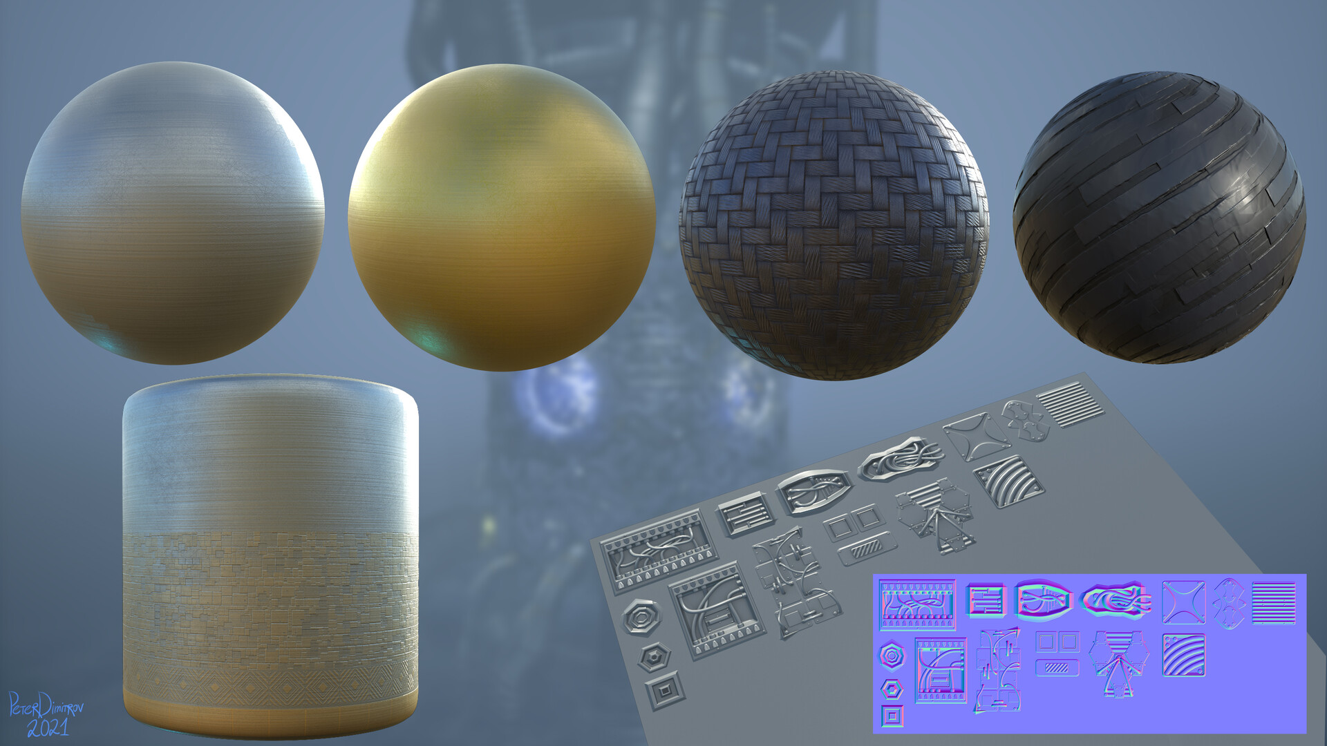 Materials callout sheet. Consists of 4 UV spheres. Each has a different material applied: chrome metal, gold metal, cable material one, cable material two (looks like insulation tape). Below those is a cylinder with a material that has square greeble details. To the side of that is a flat plane showcasing hardsurface intricate details baked flat.