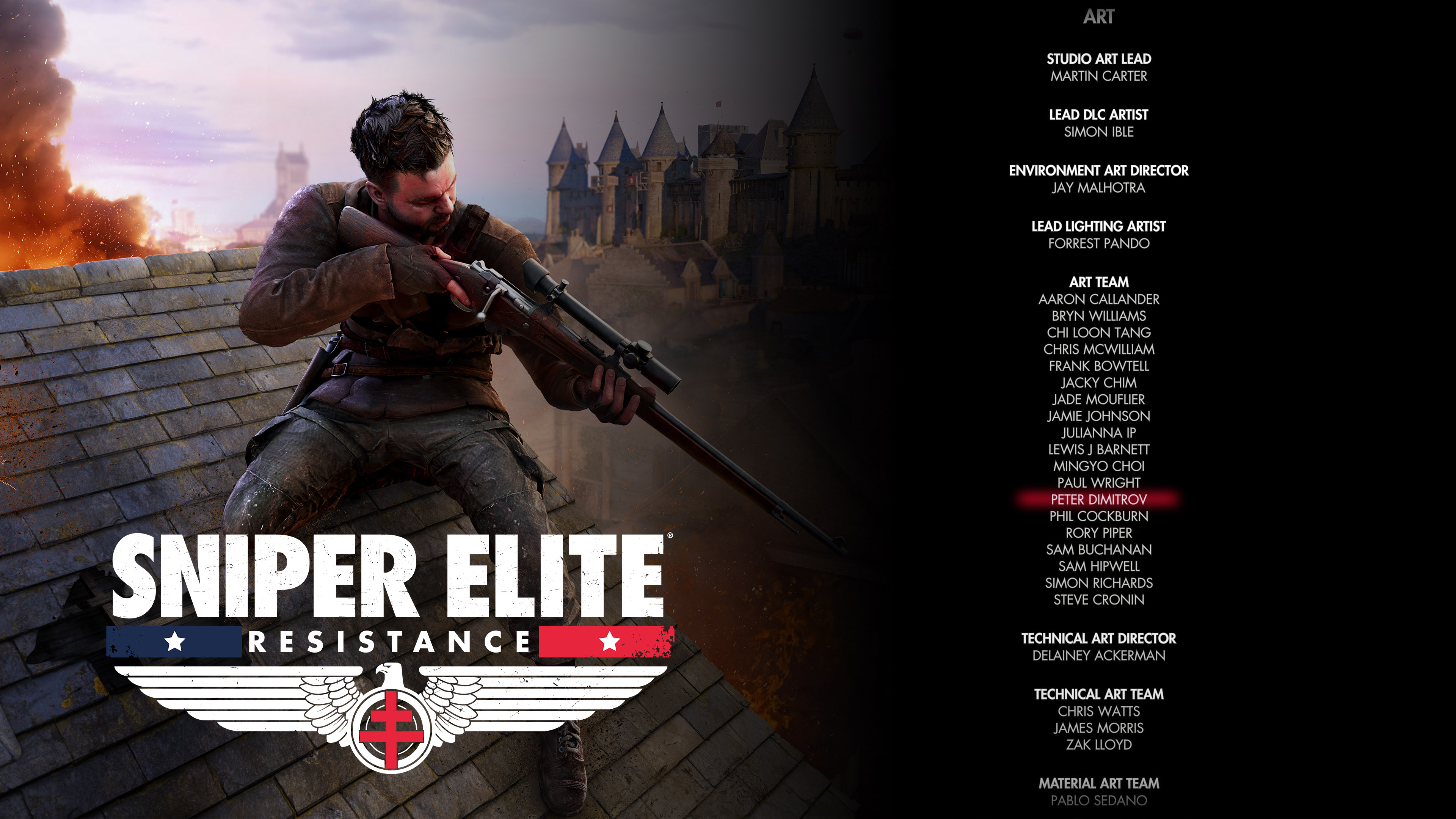 A screenshot from the game credits, placed on the right side. Lots of names are listed there, mine included and highlighted in red. The names are transcribed in a paragraph below this picture. On the left, there is the key art of Harry Hawker on top of a building, aiming down. Below him is the Sniper Elite: Resistance logo. The backdrop is a idealistic castle, with houses in front of it burning and smoking. 