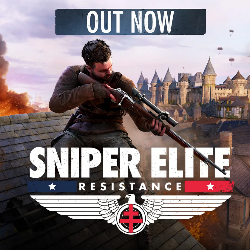 A square image, cut from the key art. It showcases the main protagonist, Harry Hawker. He is on top of a broken roof. He is aiming a rifle downwards. The gun goes over the logo of the game that reads “Sniper Elite: Resistance” and features white, blue and red colors. A text above it all reads “OUT NOW” in blue hues.