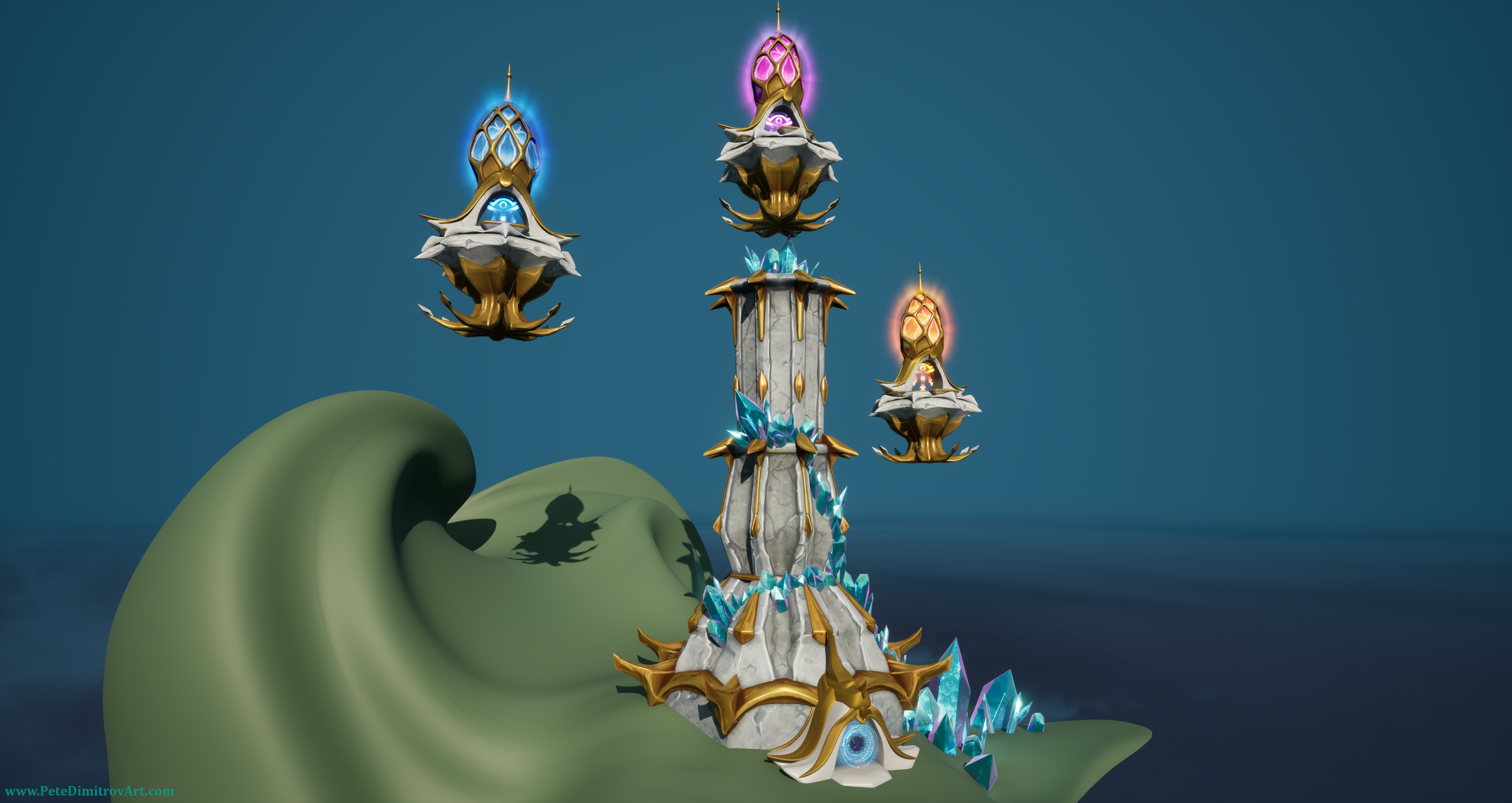 An UE5 screenshot showcasing a stone tower with three floating spires. It sits on green land that looks like an isle. The background around that is flat blue. The tower has lots of golden trims. Blue crystals and shards crawl up its facade. The floating spire in the middle has pink glow, while the other two have blue and orange colors.
