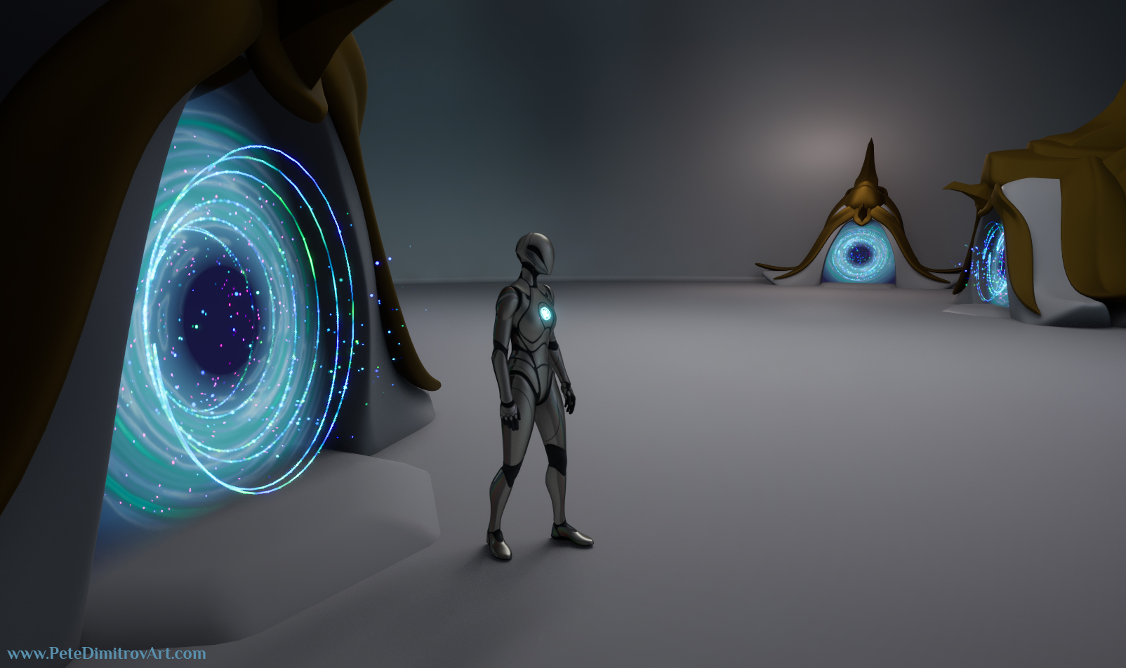 A player (portrayed by a UE5 dummy, mannequin, character) is seen next to a blue vortex. That is the portal we are creating. The portal has Niagara VFX which gives it lots of purple, teal and blue sparks. There is also few looping circles, through VFX trails.