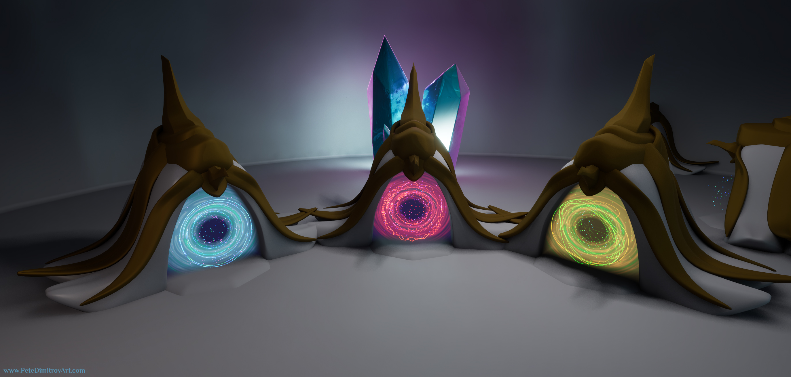 A screenshot of a gray interior. There are three gateway props place in there. Each has a portal. One is blue, the middle one is red and the final one is in yellow and green hues. Behind those there are some crystals that shine in blue and pink hues. Screenshot is from inside Unreal Engine 5.