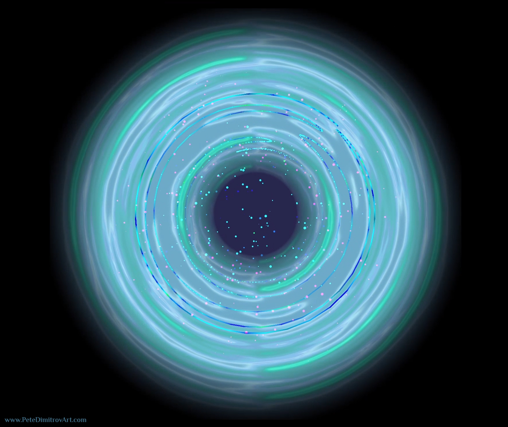 A flat, 2D elements that shows a vortex on a black background. In front of the blue vortex, there are lots of blue, teal and pink sparkles. Those are animated VFX.