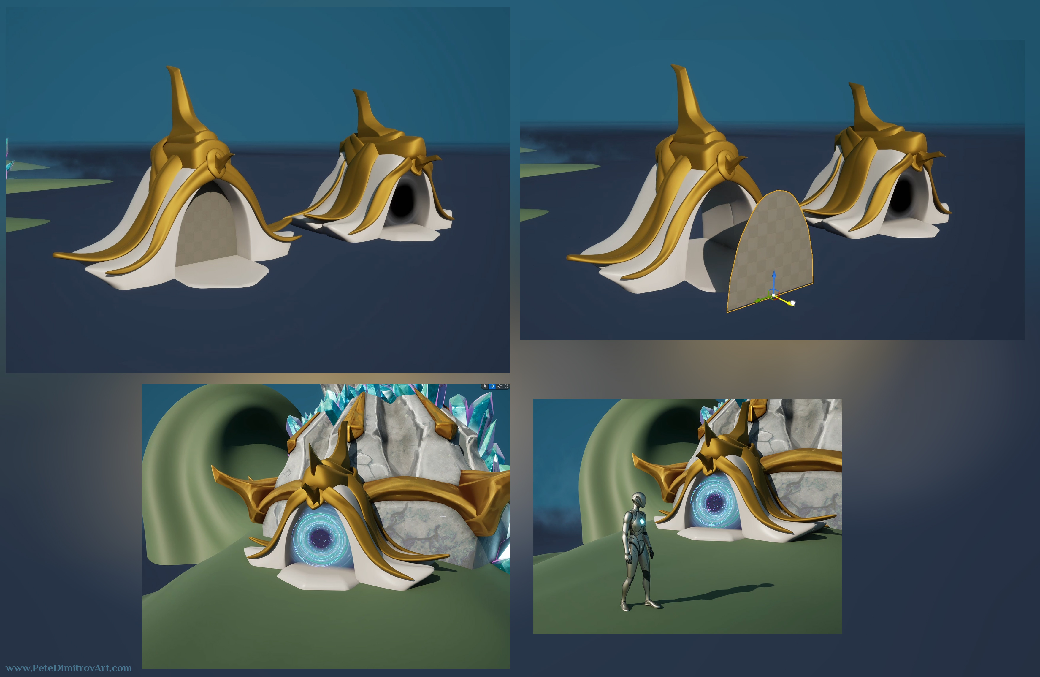 An image collage that puts four screenshots from UE5 into one. First one shows a tower door. It has golden trims and a flat, gray interior. Second image shows the same thing but now the gray, interior plane is selected and moved out, displaying it. Second row of images shows the prop used in context. It sits in front of the tower and also has VFX applied to it.