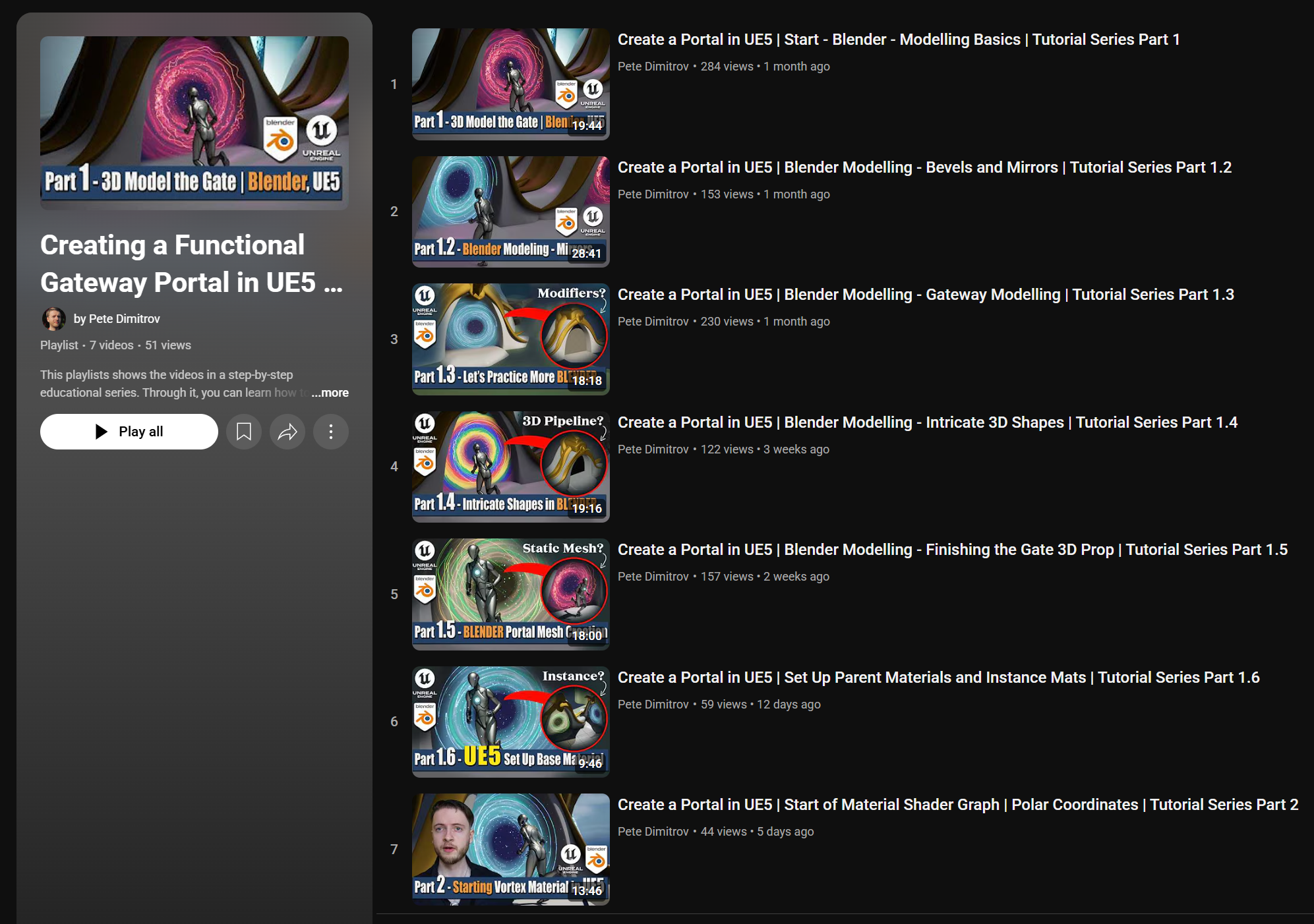 A YouTube screenshots. It showcases a playlist. Inside of it there are seven videos. It reads “Creating a Functional Gateway Portal in UE5”. Each video thumbnail has a different colored portal and one can see a player either running into the portal, or running out of it. Link to this playlist is provided below this image.
