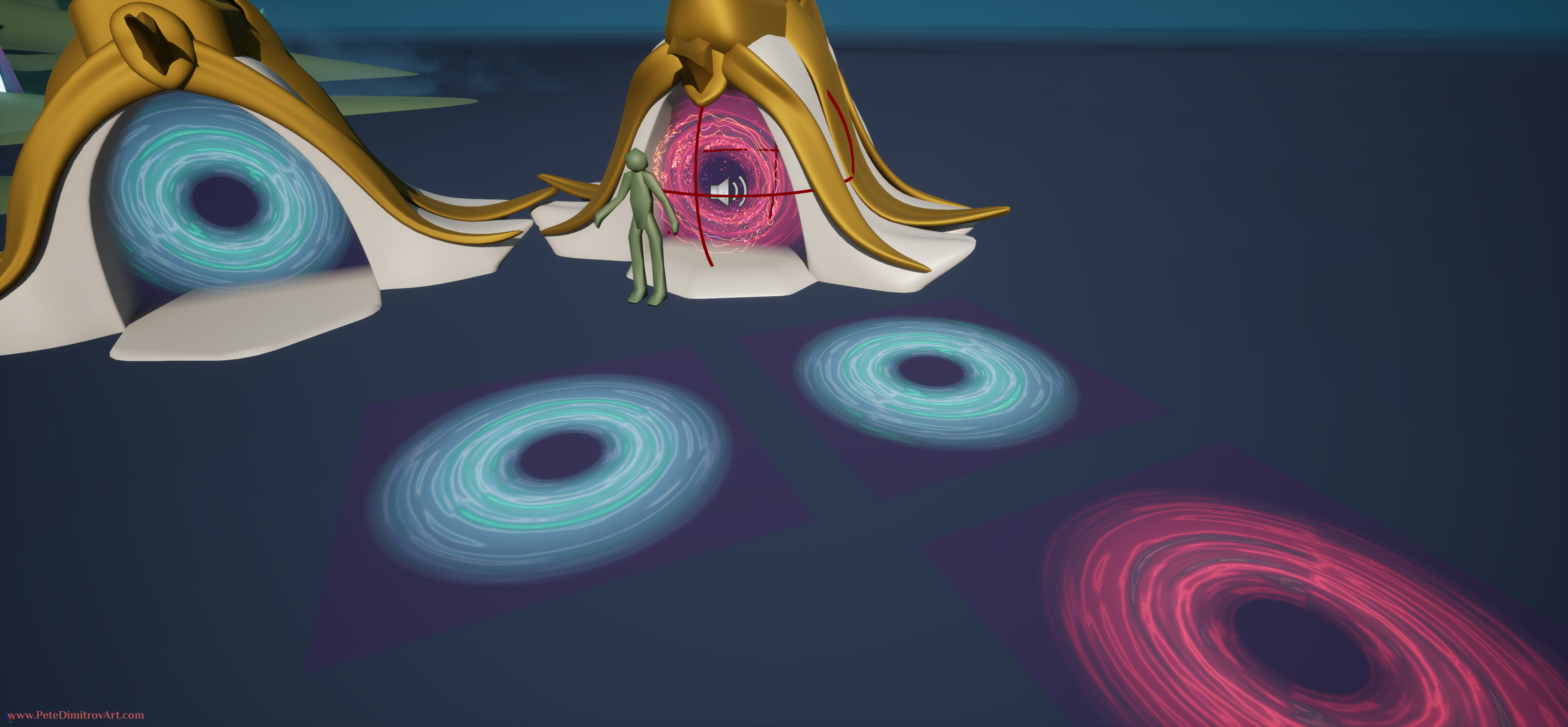 A UE5 screenshot that shows a few flat planes sitting on a dark, blue ground. The planes have blue and red water-like vortex. In the upper parts of the picture, there are gateway props. Those have gray, placeholder materials and golden trims. The gates hold the planes with the vortex and in front of those there are also Niagara particle effects. The vortex planes will be the end result of completing this tutorial chapter.
