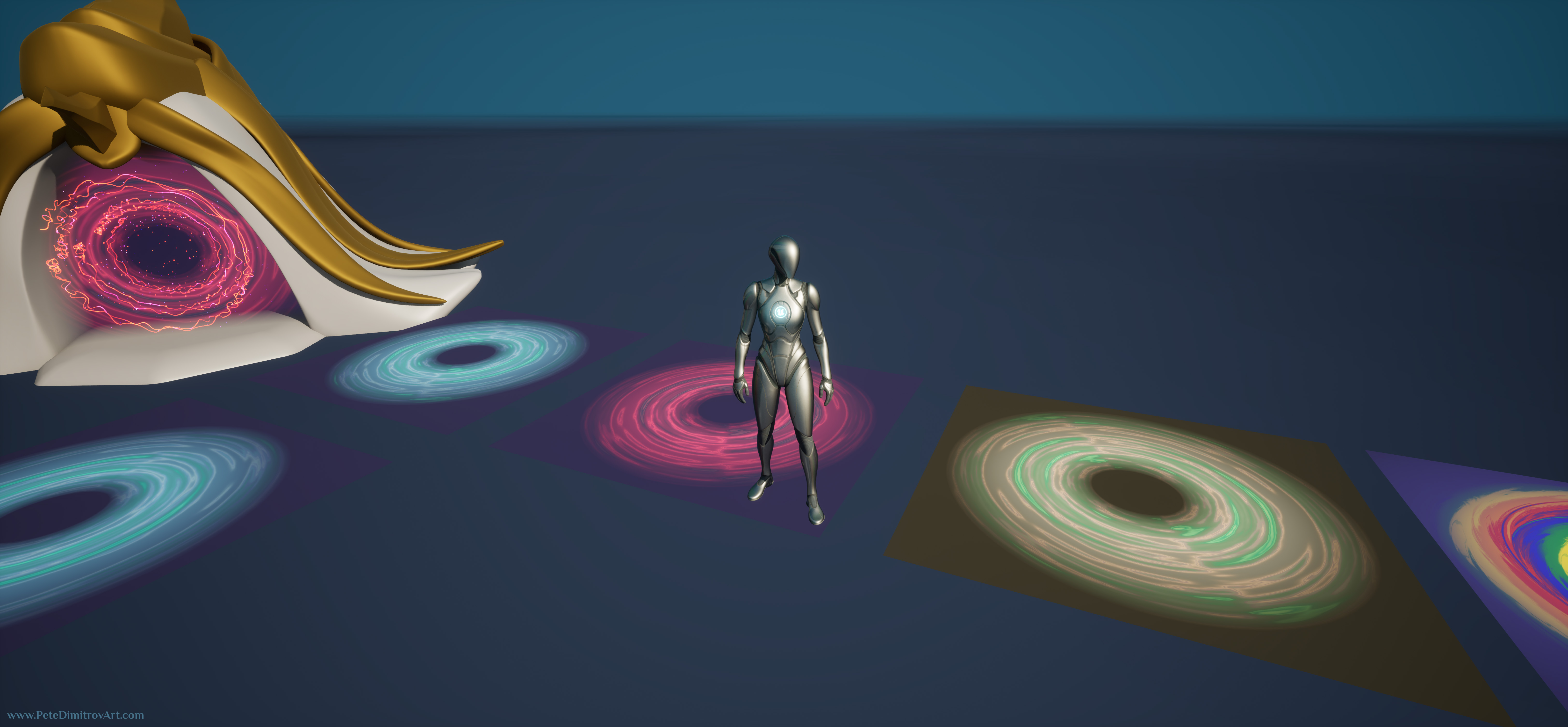 A wide camera screenshot from UE5. It shows a blue sky and a darker blue ground. In the middle, there is a player dummy. Around the player, there are flat planes. Those are colored in different hues and have circular vortices on them. On the left side, there is a gateway prop with golden trims. It looks like a door that has a portal in front of it. The portal has lines and sparks in red, which are floating VFX particles.