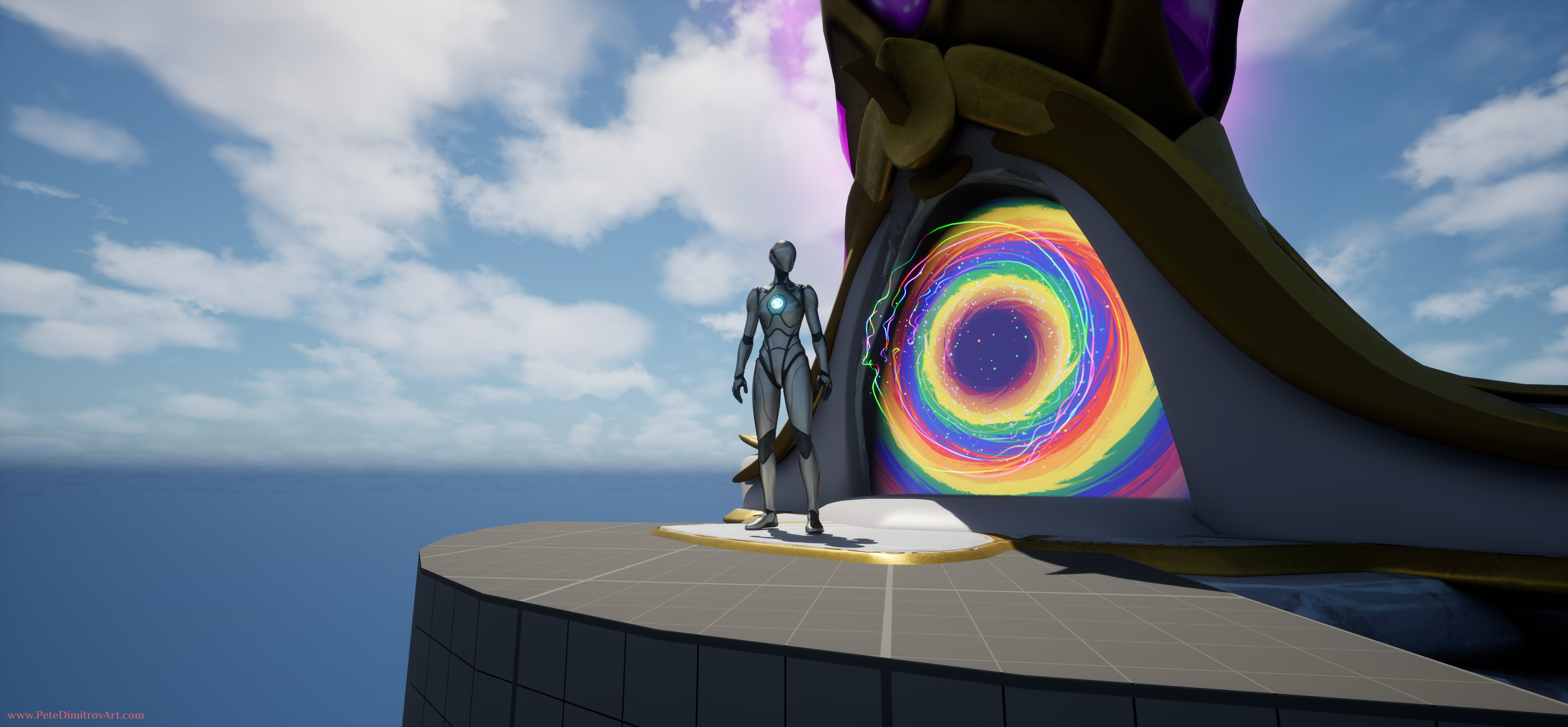Another UE5 screenshot. This one shows the player in the middle of the screen. On their left side, there is a portal gateway. It has a VFX that is a rainbow in lots of colors. Behind the gateway prop there is a sky with white, fluffy clouds. Those look like the default sky clouds seen in UE5.