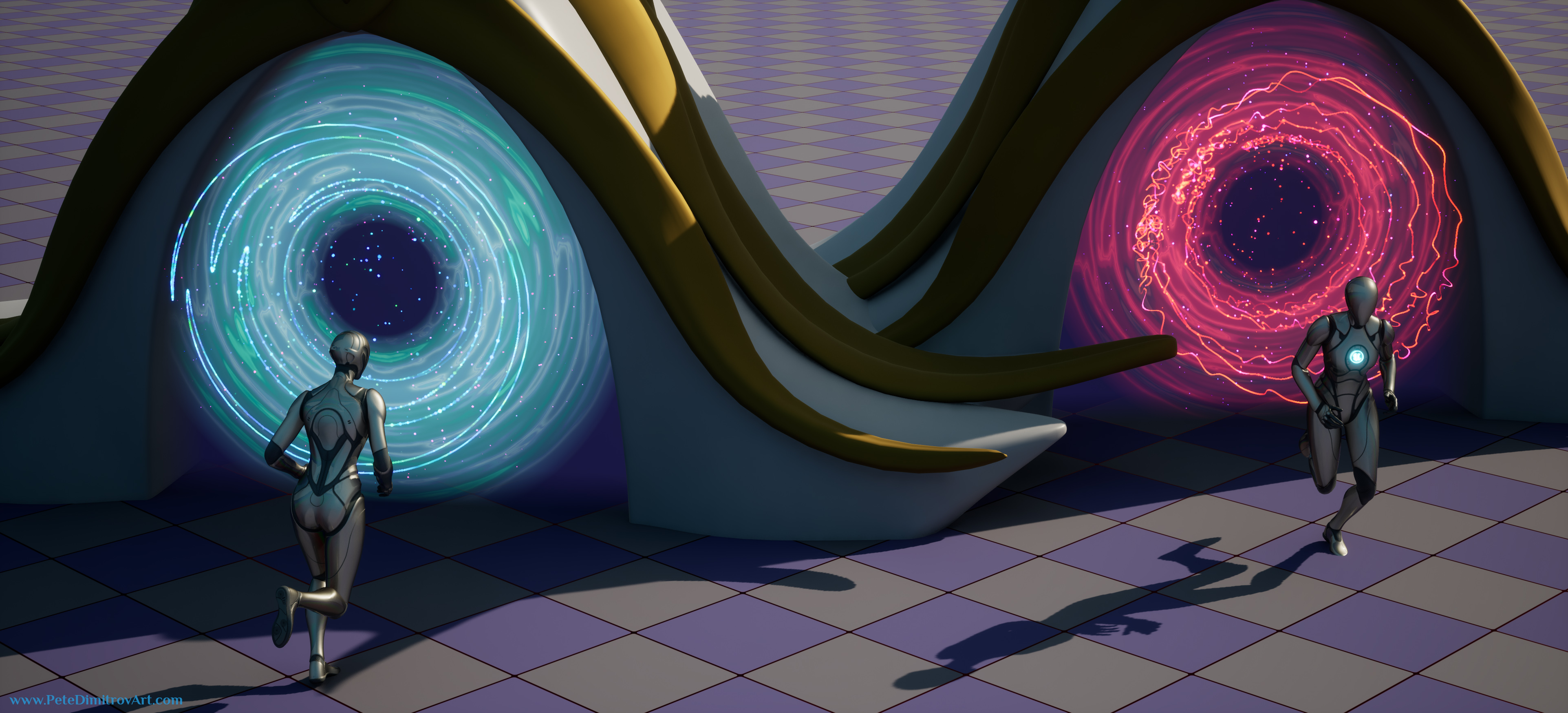 Unreal Engine 5 screenshot. It depicts a floor with a checkerboard material in purple hues. On top, two portals are placed. One is red and the other is blue. A player character is seen entering one of them and exiting the other one. The player is in the shape of the default UE5 third person mannequin. The portal vortex has art while the gateway around it has placeholder materials. The scene is lit in daylight scenario.