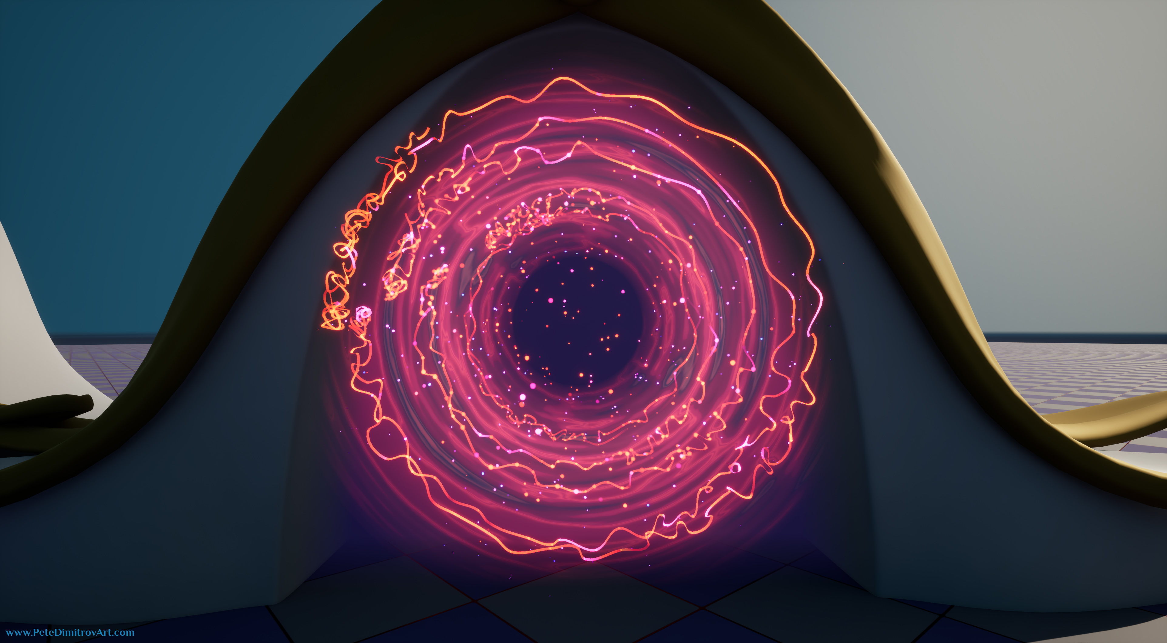 A frontal angle screenshot of the portal and the gateway, seen in UE5. It has a vortex that in the middle of it has a dark spot. Around it, there are circles like water splash, all colored in red and orange hues. On top of that, there is a Niagara particles that create lines with turbulence in them.