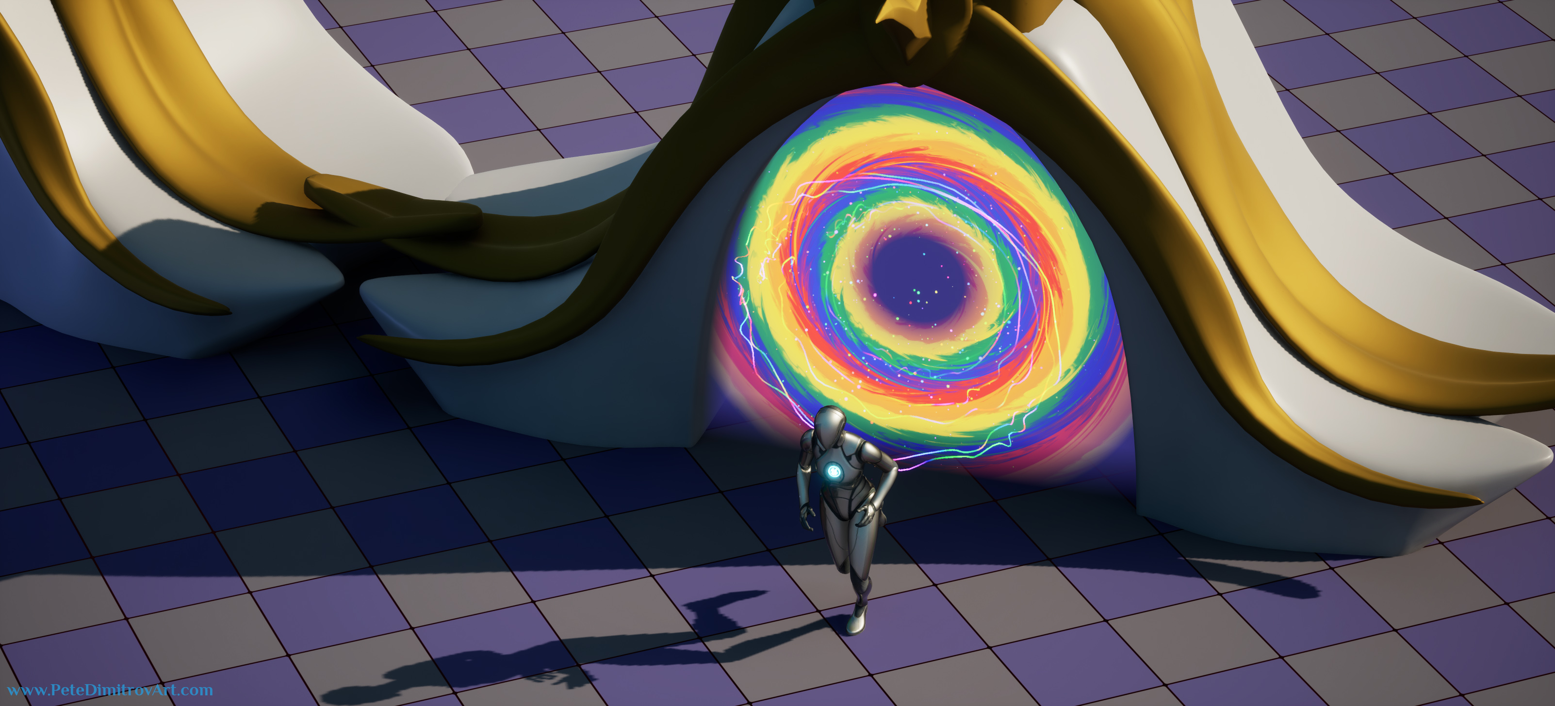 A screenshot that shows the portal gateway from a isometric, almost orthographic camera view. This time around, its even horizon is colored in a rainbow texture, instead the other red or blue options seen before. A player is walking out of the rainbow. The floor around is a gray checkerboard texture.