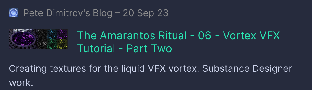 Another Link card image. This one reads - The Amarantos Ritual - 06 - Vortex VFX Tutorial - Part Two